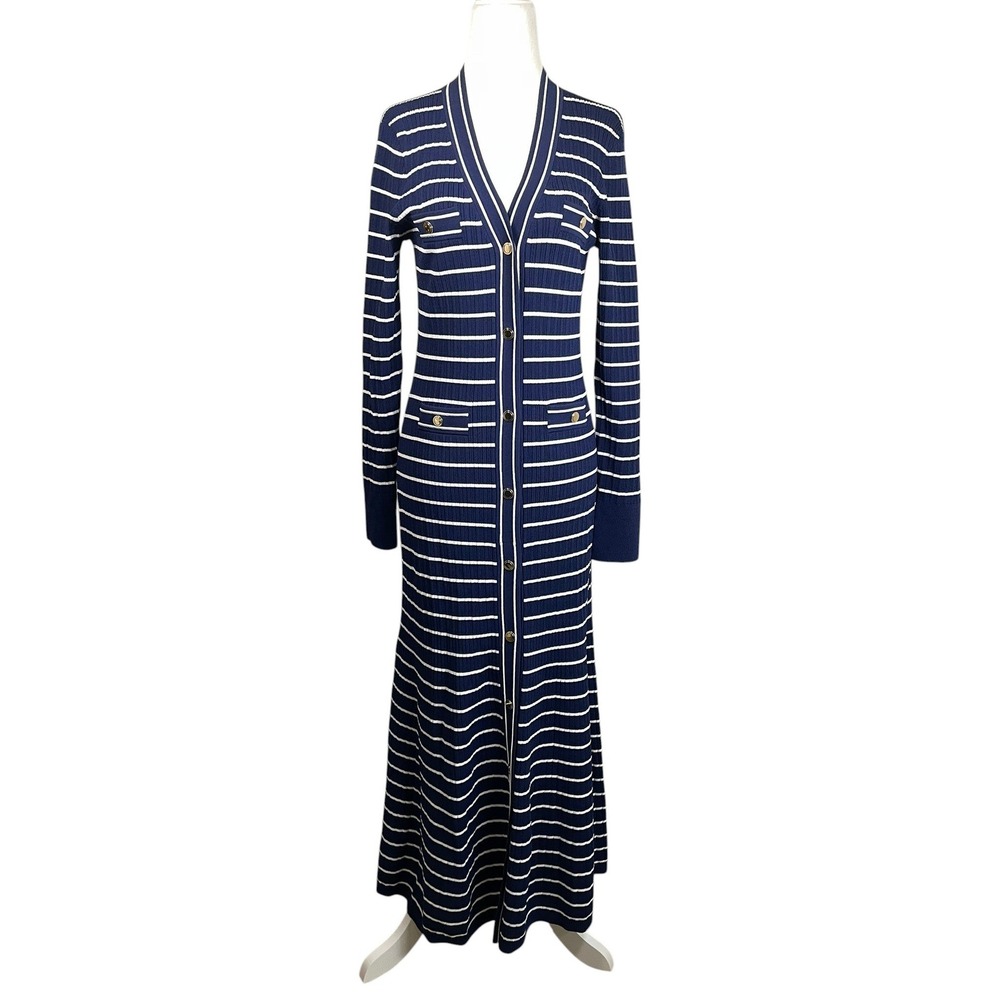 J.Crew Size Medium NWT Nautical Striped Sweater Dress Gold Button Navy White